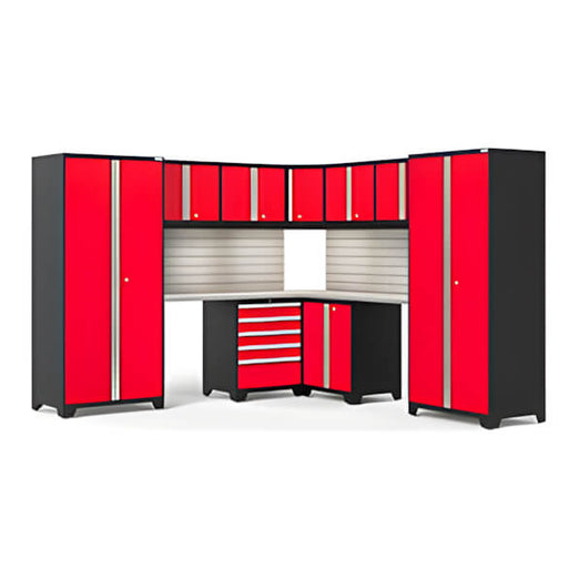 NewAge Garage Cabinets PRO Series Red 12-Piece Corner Set with Stainless Tops, Slatwall and LED Lights-59915-Garage Giant