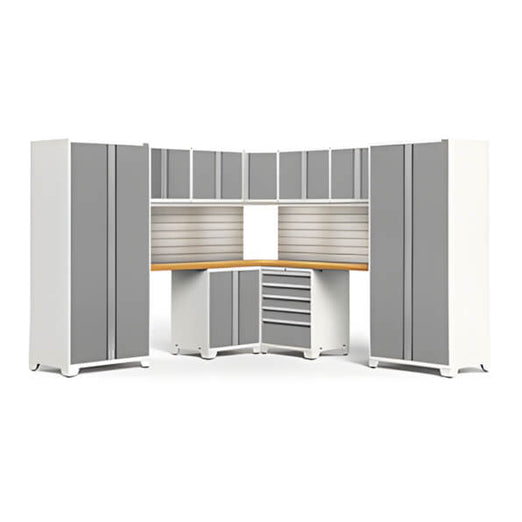NewAge Garage Cabinets PRO Series Platinum 12-Piece Corner Set with Bamboo Tops, Slatwall and LEDs-59891-Garage Giant