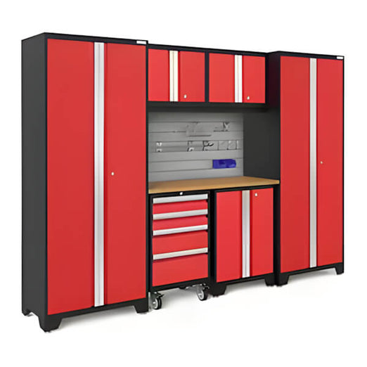 NewAge Garage Cabinets BOLD Series Red 7-Piece Set with Bamboo Top, Backsplash and Hook Kit-Garage Giant