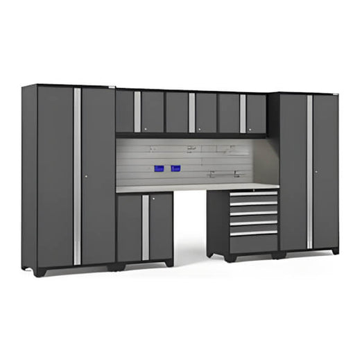 NewAge Garage Cabinets PRO Series Grey 8-Piece Set with Stainless Top, Slatwall Hook Kit and LEDs-59968-Garage Giant