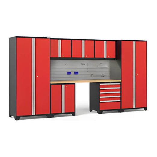 NewAge Garage Cabinets PRO Series Red 8-Piece Set with Bamboo Top, Slatwall Hook Kit and LEDs-59971-Garage Giant