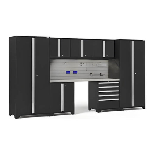 NewAge Garage Cabinets PRO Series Black 8-Piece Set with Stainless Top, Slatwall Hook Kit and LEDs-64112-Garage Giant