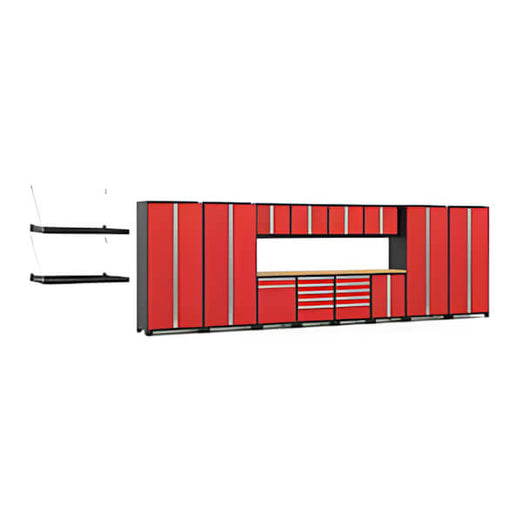 NewAge Garage Cabinets PRO Series Red 16-Piece Set with Bamboo Tops and Wall Shelves-Garage Giant