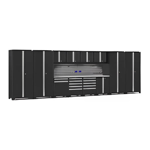 NewAge Garage Cabinets PRO Series Black 14-Piece Set with Stainless Steel Tops and Slatwall Hook Kit-64311-Garage Giant