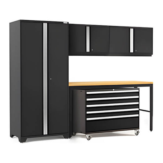 NewAge Garage Cabinets PRO Series Black 5-Piece Set with Bamboo Top-64346-Garage Giant