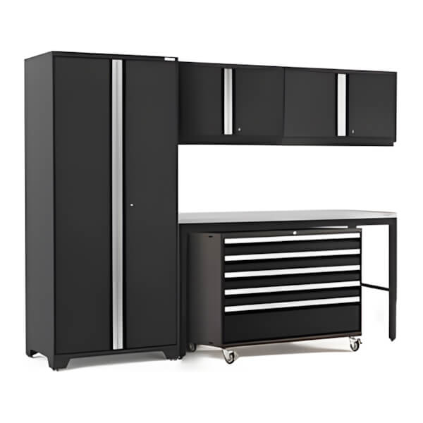 NewAge Garage Cabinets PRO Series Black 5-Piece Set with Stainless Steel Top-64347-Garage Giant