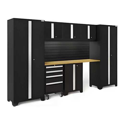NewAge Garage Cabinets BOLD Series Black 8-Piece Set with Bamboo Top, Backsplash, LED Lights-40457-Garage Giant