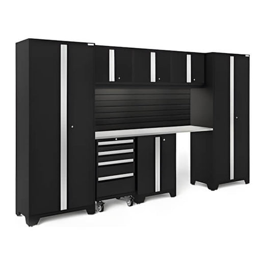 NewAge Garage Cabinets BOLD Series Black 8-Piece Set with Stainless Top, Backsplash, LED Lights-40456-Garage Giant