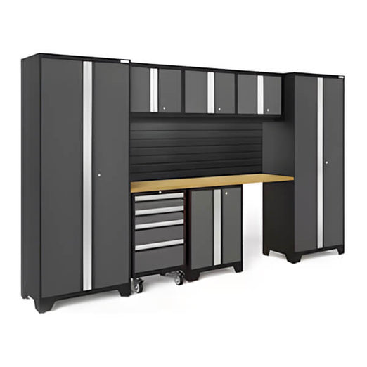 NewAge Garage Cabinets BOLD Series Grey 8-Piece Set with Bamboo Top, Backsplash, LED Lights-40425-Garage Giant