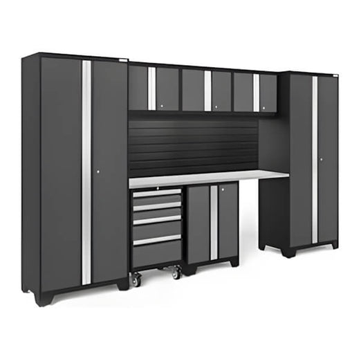 NewAge Garage Cabinets BOLD Series Grey 8-Piece Set with Stainless Top, Backsplash, LED Lights-40424-Garage Giant