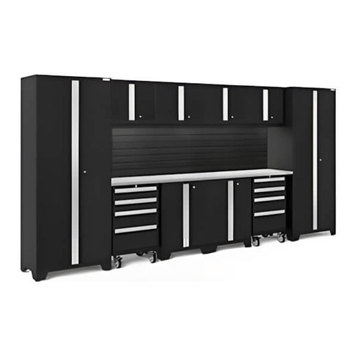 NewAge Garage Cabinets BOLD Series Black 12-Piece Set with Stainless Steel Top, Backsplash, LED Lights-40459-Garage Giant