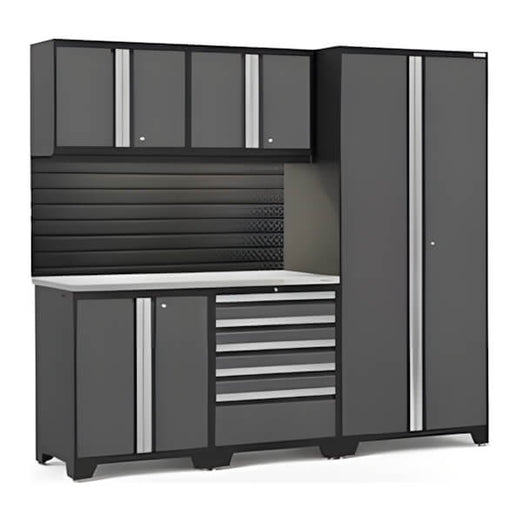 NewAge Garage Cabinets PRO Series Grey 6-Piece Set with Stainless Steel Top, Slatwall and LED Lights-40441-Garage Giant