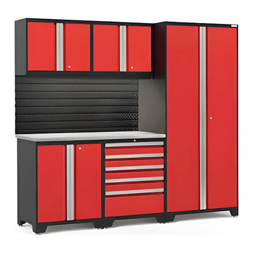 NewAge Garage Cabinets PRO Series Red 6-Piece Set with Stainless Steel Top, Slatwall and LED Lights-40455-Garage Giant