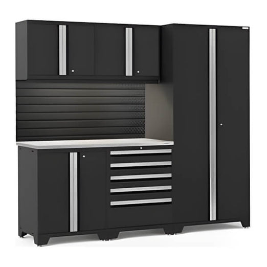 NewAge Garage Cabinets PRO Series Black 6-Piece Set with Stainless Steel Top, Slatwall and LED Lights-40463-Garage Giant