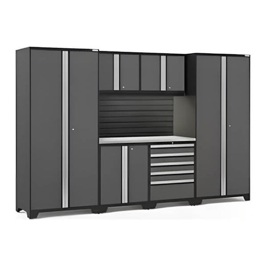 NewAge Garage Cabinets PRO Series Grey 7-Piece Set with Stainless Steel Top, Slatwall and LED Lights-40443-Garage Giant