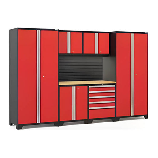 NewAge Garage Cabinets PRO Series Red 7-Piece Set with Bamboo Top, Slatwall and LED Lights-40449-Garage Giant
