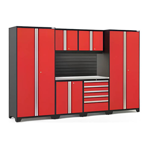 NewAge Garage Cabinets PRO Series Red 7-Piece Set with Stainless Steel Top, Slatwall and LED Lights-40450-Garage Giant