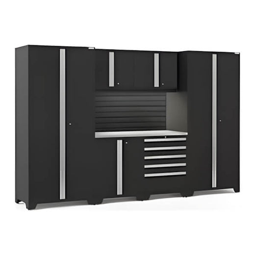 NewAge Garage Cabinets PRO Series Black 7-Piece Set with Stainless Steel Top, Slatwall and LED Lights-40465-Garage Giant