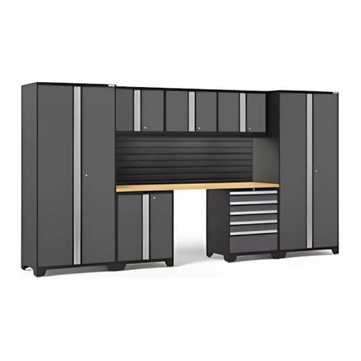 NewAge Garage Cabinets PRO Series Grey 8-Piece Set with Bamboo Top, Slatwall and LED Lights-40444-Garage Giant