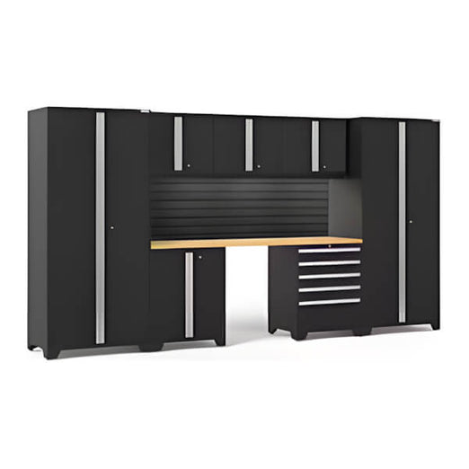 NewAge Garage Cabinets PRO Series Black 8-Piece Set with Bamboo Top, Slatwall and LED Lights-40466-Garage Giant