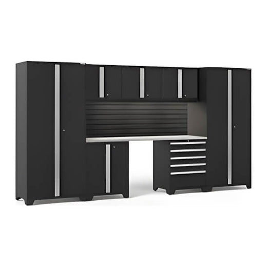 NewAge Garage Cabinets PRO Series Black 8-Piece Set with Stainless Steel Top, Slatwall and LED Lights-40467-Garage Giant