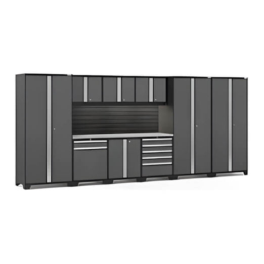 NewAge Garage Cabinets PRO Series Grey 10-Piece Set with Stainless Top, Slatwall and LED Lights-40447-Garage Giant