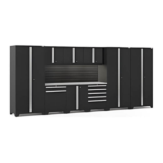 NewAge Garage Cabinets PRO Series Black 10-Piece Set with Stainless Top, Slatwall and LED Lights-40469-Garage Giant