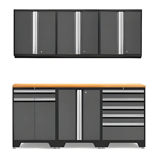 NewAge Garage Cabinets PRO Grey 7-Piece Workbench Set with Bamboo Top-52002 + 52004 + 52003 + 52015 + 32284-Garage Giant