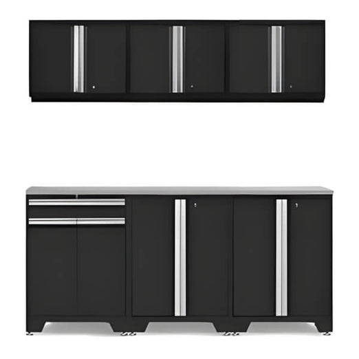 NewAge Garage Cabinets - PRO Black 7-Piece Workbench Setup with Stainless Steel Top