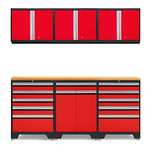 NewAge Garage Cabinets PRO Red 7-Piece Garage Cabinet Set with Bamboo Top-52203 + 52204 + 52200 + 32284-Garage Giant