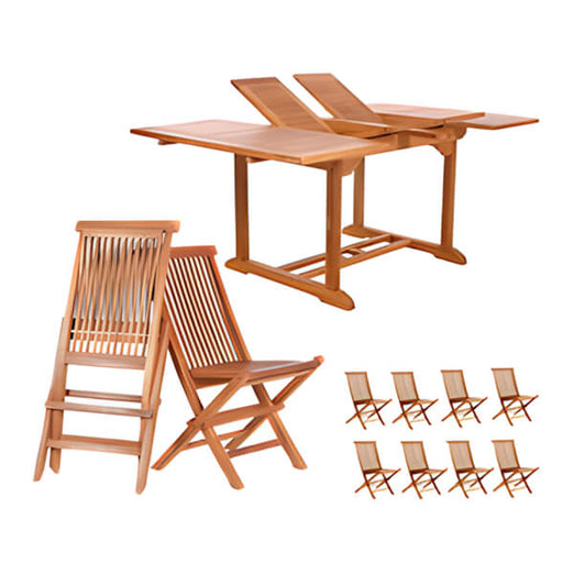 All Things Cedar 9-Piece Butterfly Extension Table Folding Chair Set with Blue Cushions-TD72-22-B-Garage Giant