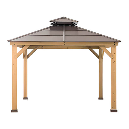 Sunjoy Group 11 x 11 Wooden 2-Tier Hardtop Gazebo with Ceiling Hook (Brown Roof)-A102008500-Garage Giant