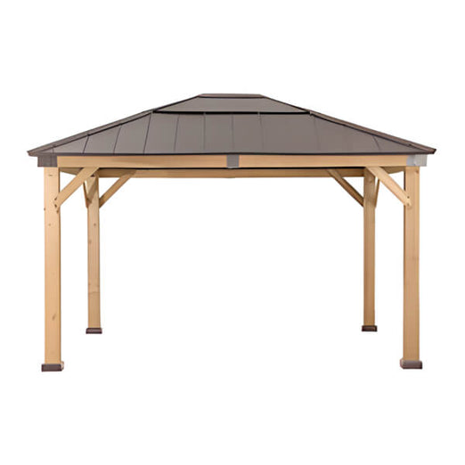 Sunjoy Group 11 x 13 Wooden Hardtop Gazebo with Ceiling Hook (Upgraded Brown Roof)-A102005804-Garage Giant