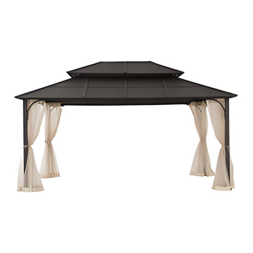Sunjoy Group 12 x 16 Steel Gazebo with 2-Tier Roof Hardtop Gazebo with Ceiling Hook and Netting-A102009140-Garage Giant