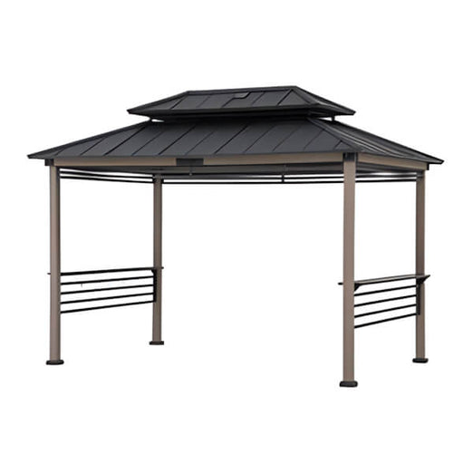 Sunjoy Group 8 x 12 Wooden Grill Gazebo with DC Solar Power and Shelves (Black)-A104004211-Garage Giant