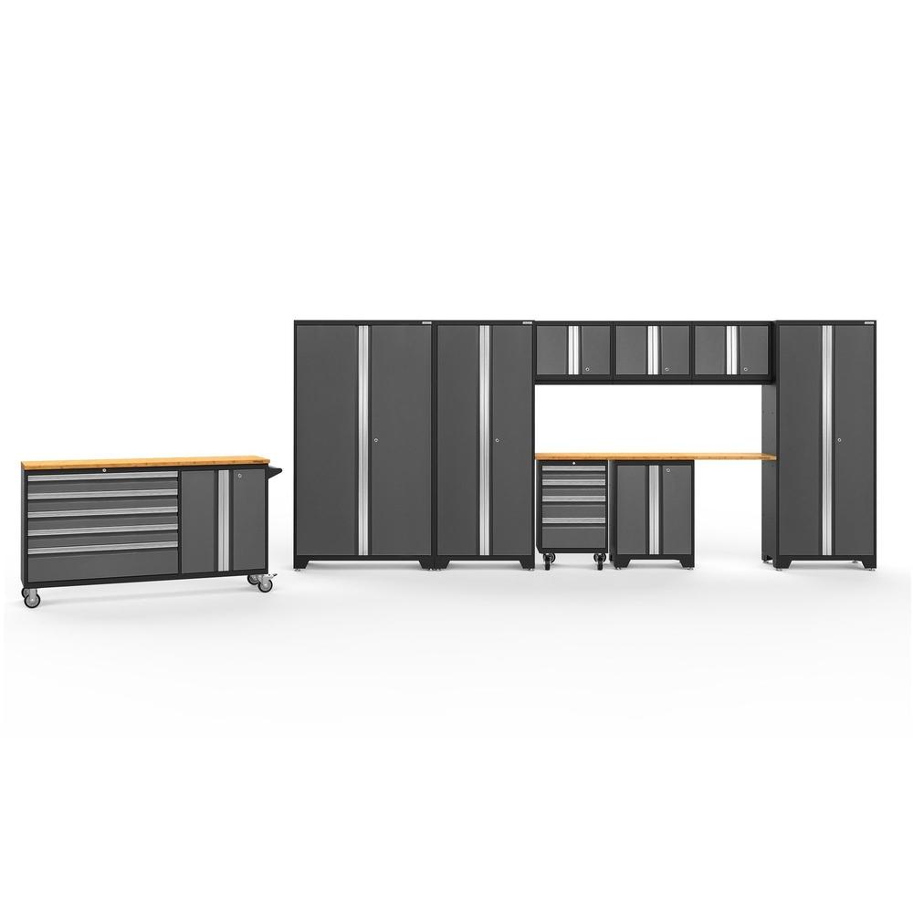 Newage Products Bold 3.0 Series 10-Piece Garage Cabinet Set With Project Center-50514-Grey-Bamboo Worktop-None-Garage Giant