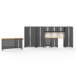 Newage Products Bold 3.0 Series 10-Piece Garage Cabinet Set With Project Center-56124-Grey-Bamboo Worktop-LED Lights + Slatwall Backsplash-Garage Giant