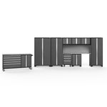 Newage Products Bold 3.0 Series 10-Piece Garage Cabinet Set With Project Center-56123-Grey-Stainless Steel Worktop-Slatwall Backsplash-Garage Giant