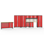 Newage Products Bold 3.0 Series 10-Piece Garage Cabinet Set With Project Center-56467-Red-Bamboo Worktop-LED Lights + Slatwall Backsplash-Garage Giant