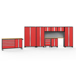 Newage Products Bold 3.0 Series 10-Piece Garage Cabinet Set With Project Center-56465-Red-Bamboo Worktop-Slatwall Backsplash-Garage Giant