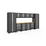 Newage Products Bold 3.0 Series 12-Piece Garage Cabinet Set With 2X Rolling Tool Cabinets-50432-Grey-Bamboo Worktop-LED Lights-Garage Giant