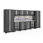 Newage Products Bold 3.0 Series 12-Piece Garage Cabinet Set With 2X Rolling Tool Cabinets-51822-Grey-Stainless Steel Worktop-LED Lights + Slatwall Backsplash + Hook Kit-Garage Giant