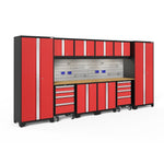 Newage Products Bold 3.0 Series 12-Piece Garage Cabinet Set With 2X Rolling Tool Cabinets-51581-Red-Bamboo Worktop-LED Lights + Slatwall Backsplash + Hook Kit-Garage Giant