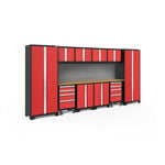 Newage Products Bold 3.0 Series 12-Piece Garage Cabinet Set With 2X Rolling Tool Cabinets-56373-Red-Bamboo Worktop-Slatwall Backsplash-Garage Giant