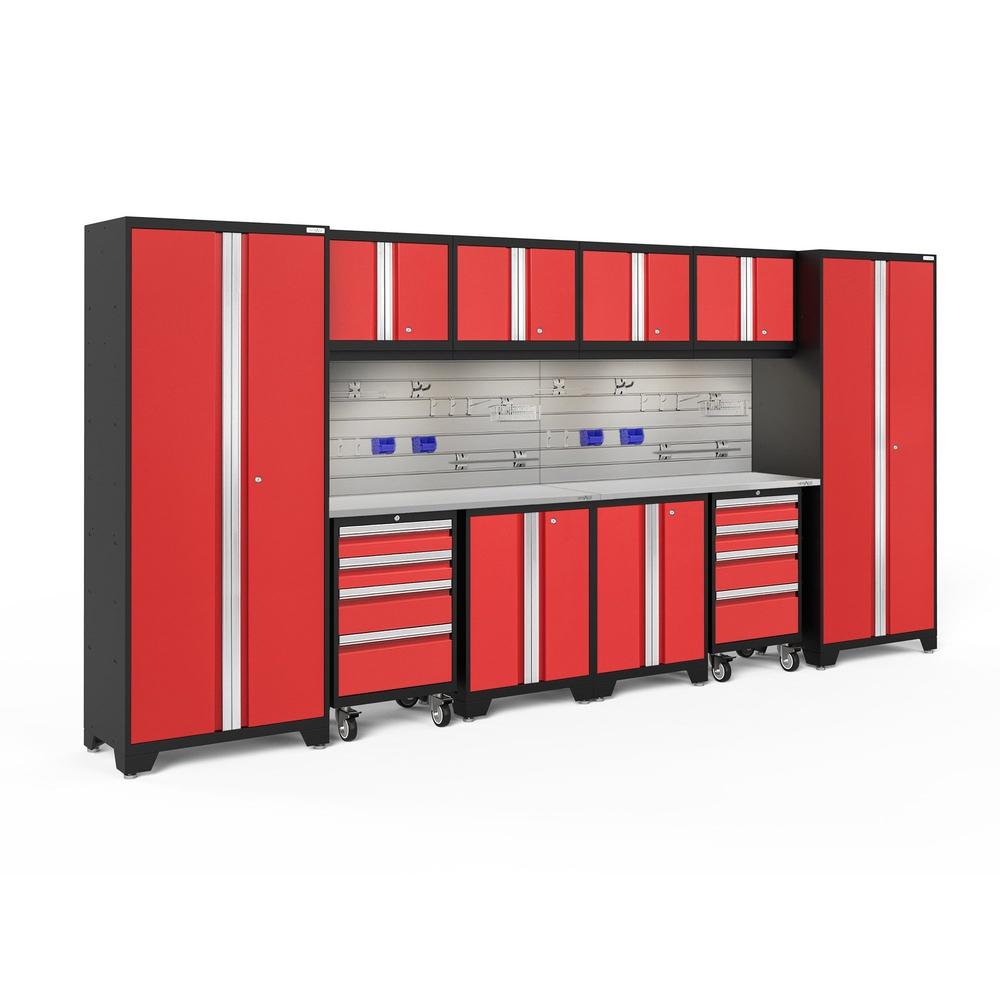 Newage Products Bold 3.0 Series 12-Piece Garage Cabinet Set With 2X Rolling Tool Cabinets-51848-Red-Stainless Steel Worktop-LED Lights + Slatwall Backsplash + Hook Kit-Garage Giant