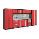 Newage Products Bold 3.0 Series 12-Piece Garage Cabinet Set With 2X Rolling Tool Cabinets-51848-Red-Stainless Steel Worktop-LED Lights + Slatwall Backsplash + Hook Kit-Garage Giant