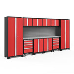 Newage Products Bold 3.0 Series 12-Piece Garage Cabinet Set With 2X Rolling Tool Cabinets-56374-Red-Stainless Steel Worktop-Slatwall Backsplash-Garage Giant