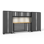 Newage Products Bold 3.0 Series 6-Piece Garage Cabinet Set With Project Center-50490-Grey-Bamboo Worktop-LED Lights + Slatwall Backsplash-Garage Giant