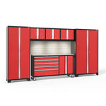 Newage Products Bold 3.0 Series 6-Piece Garage Cabinet Set With Project Center-56268-Red-Stainless Steel Worktop-LED Lights + Slatwall Backsplash-Garage Giant