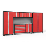 Newage Products Bold 3.0 Series 6-Piece Garage Cabinet Set With Project Center-56266-Red-Stainless Steel Worktop-Slatwall Backsplash-Garage Giant